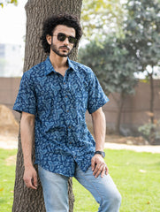 Dabu Hand Block Printed Cotton Shirt - Indigo Vines