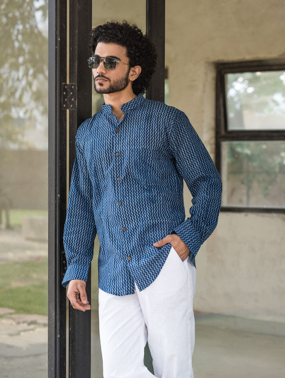 Dabu Hand Block Printed Cotton Shirt - Indigo Zigzags