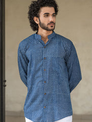 Dabu Hand Block Printed Cotton Shirt - Indigo Zigzags