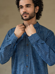 Dabu Hand Block Printed Cotton Shirt - Indigo Zigzags