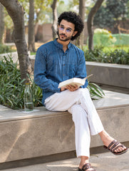 Dabu Hand Block Printed Cotton Shirt - Indigo Zigzags