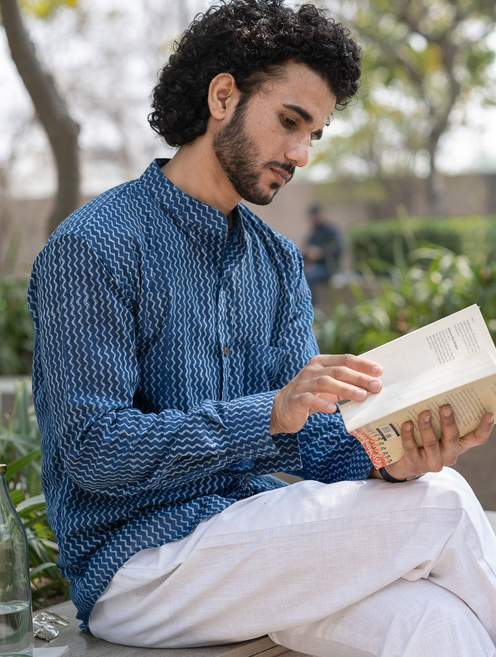Dabu Hand Block Printed Cotton Shirt - Indigo Zigzags