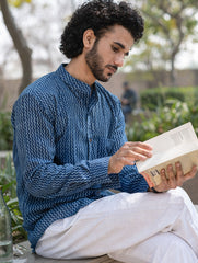 Dabu Hand Block Printed Cotton Shirt - Indigo Zigzags