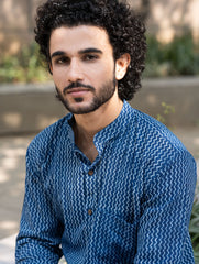 Dabu Hand Block Printed Cotton Shirt - Indigo Zigzags