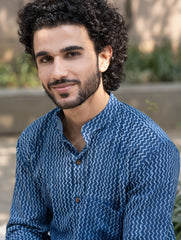 Dabu Hand Block Printed Cotton Shirt - Indigo Zigzags