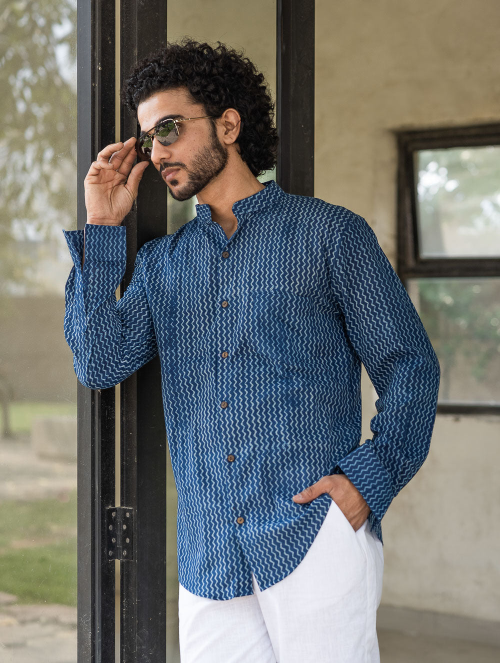 Dabu Hand Block Printed Cotton Shirt - Indigo Zigzags