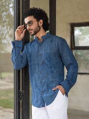 Dabu Hand Block Printed Cotton Shirt - Indigo Zigzags