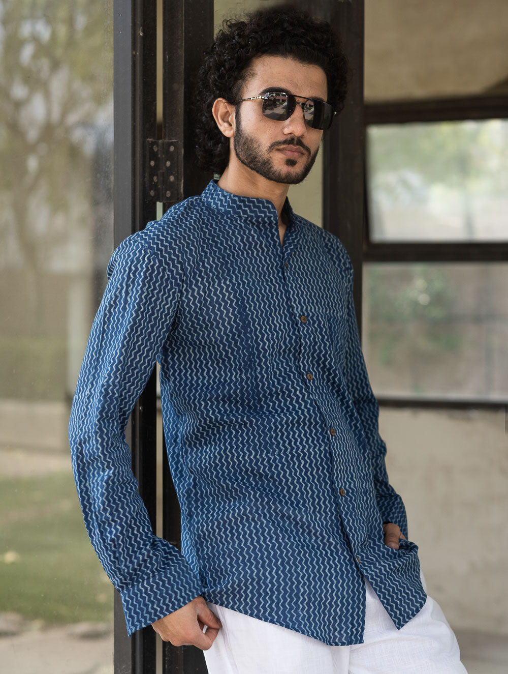 Dabu Hand Block Printed Cotton Shirt - Indigo Zigzags