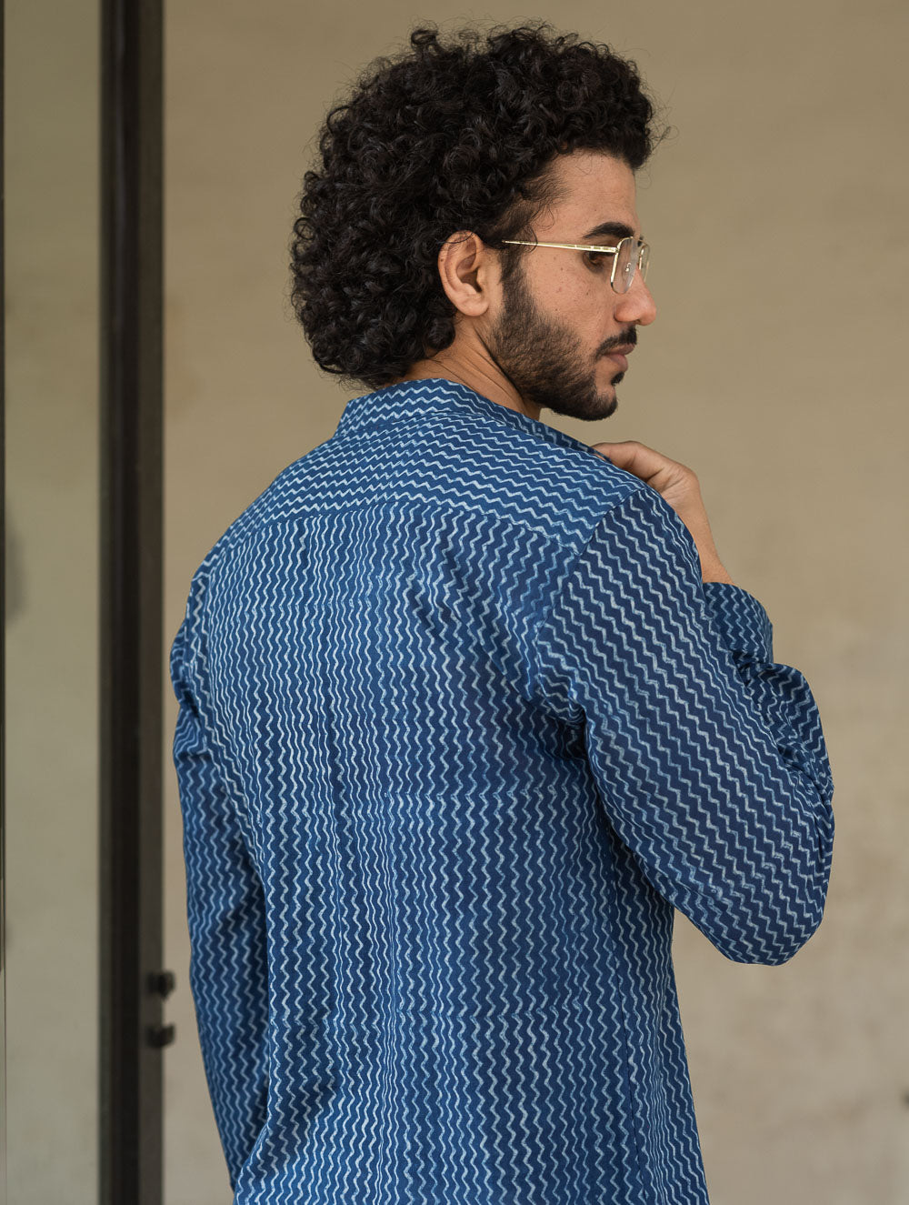 Dabu Hand Block Printed Cotton Shirt - Indigo Zigzags