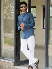 Dabu Hand Block Printed Cotton Shirt - Indigo Zigzags