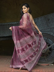 Dabu Hand Block Printed Kota Doria Saree - Maroon Geometric