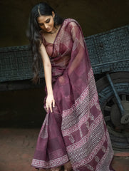 Dabu Hand Block Printed Kota Doria Saree - Maroon Geometric