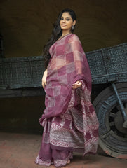 Dabu Hand Block Printed Kota Doria Saree - Maroon Geometric