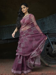 Dabu Hand Block Printed Kota Doria Saree - Maroon Geometric