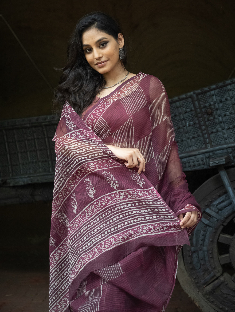 Dabu Hand Block Printed Kota Doria Saree - Maroon Geometric