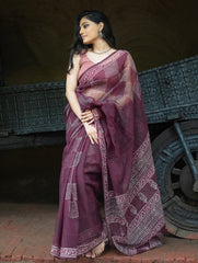 Dabu Hand Block Printed Kota Doria Saree - Maroon Geometric