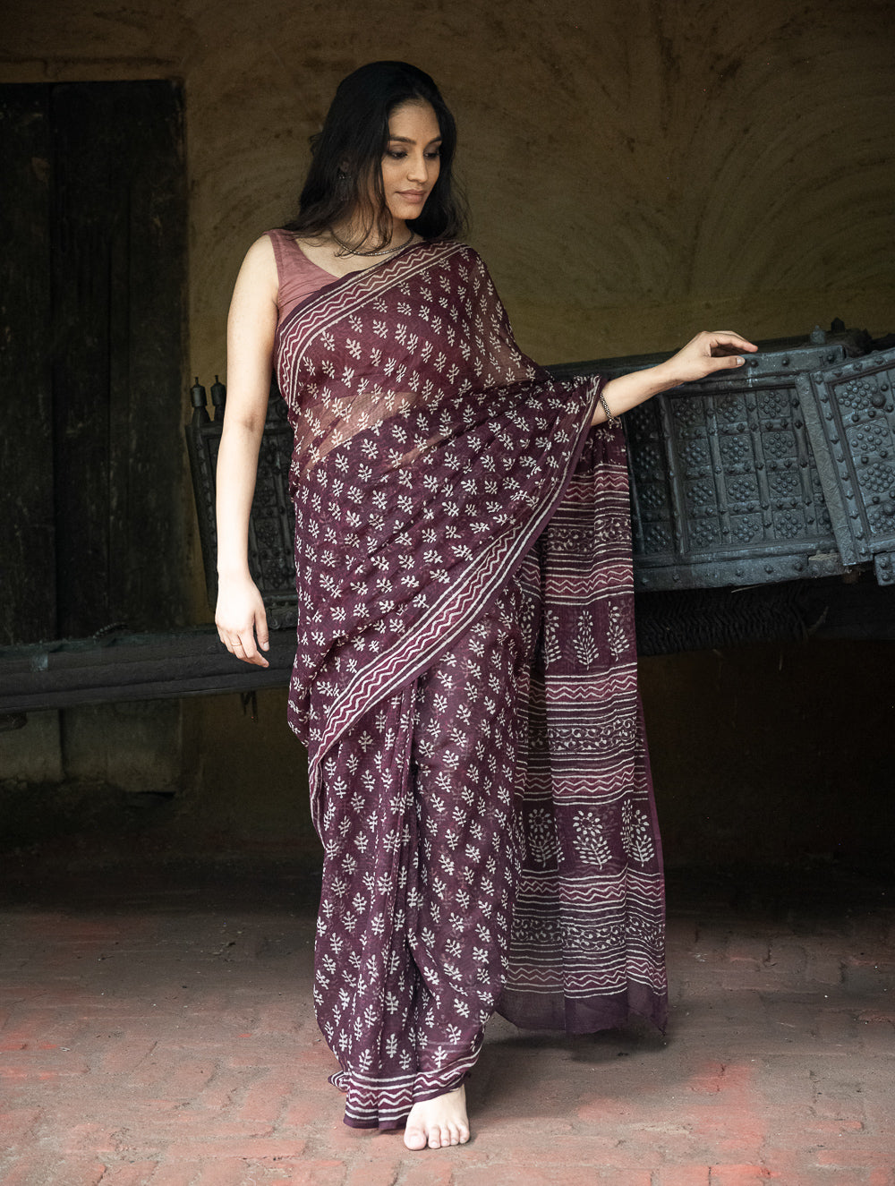 Dabu Hand Block Printed Kota Doria Saree - Maroon Ornate Flora