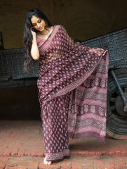 Dabu Hand Block Printed Kota Doria Saree - Maroon Ornate Flora