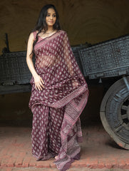 Dabu Hand Block Printed Kota Doria Saree - Maroon Ornate Flora