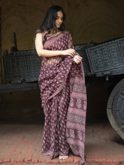 Dabu Hand Block Printed Kota Doria Saree - Maroon Ornate Flora