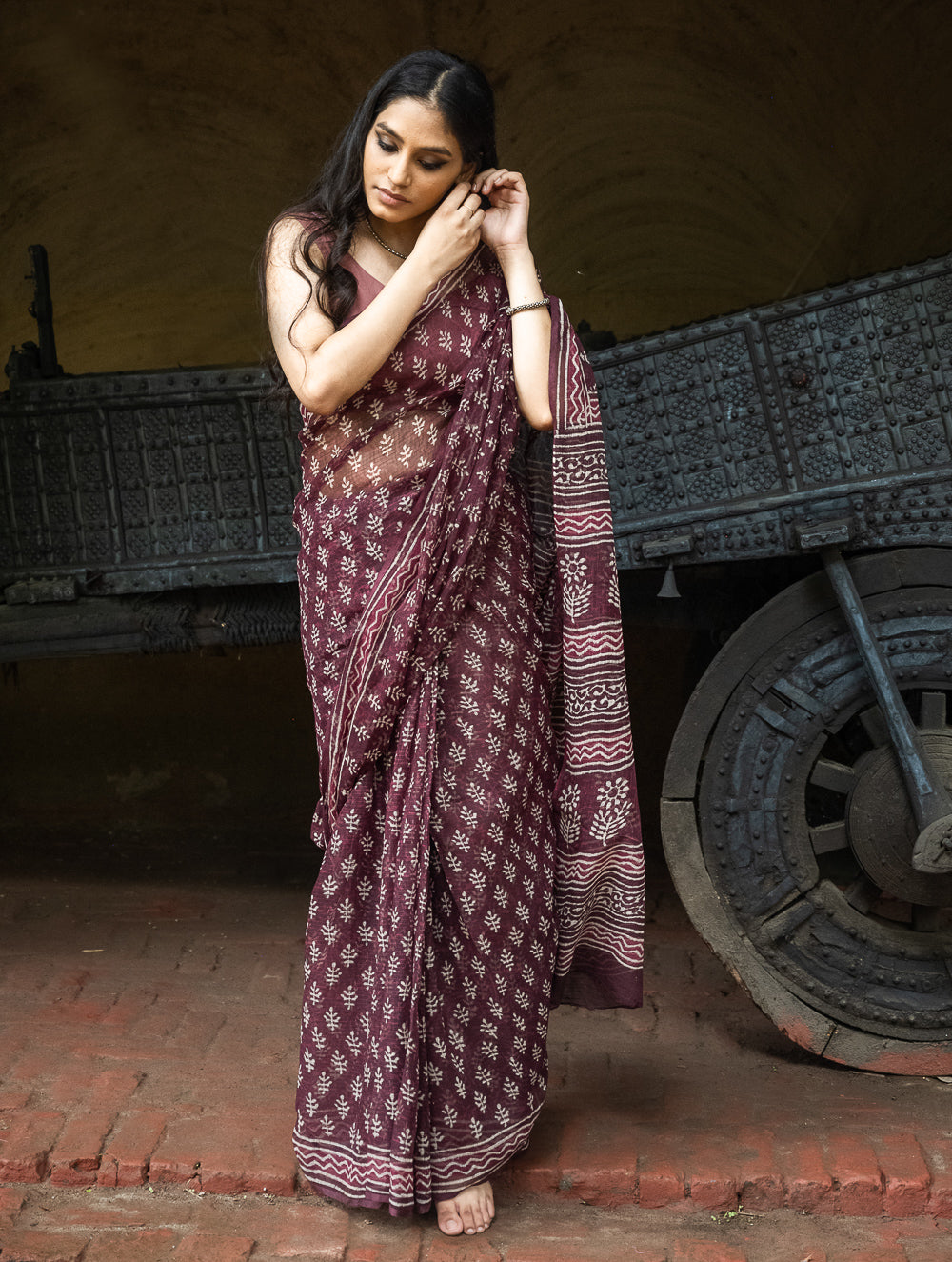 Dabu Hand Block Printed Kota Doria Saree - Maroon Ornate Flora