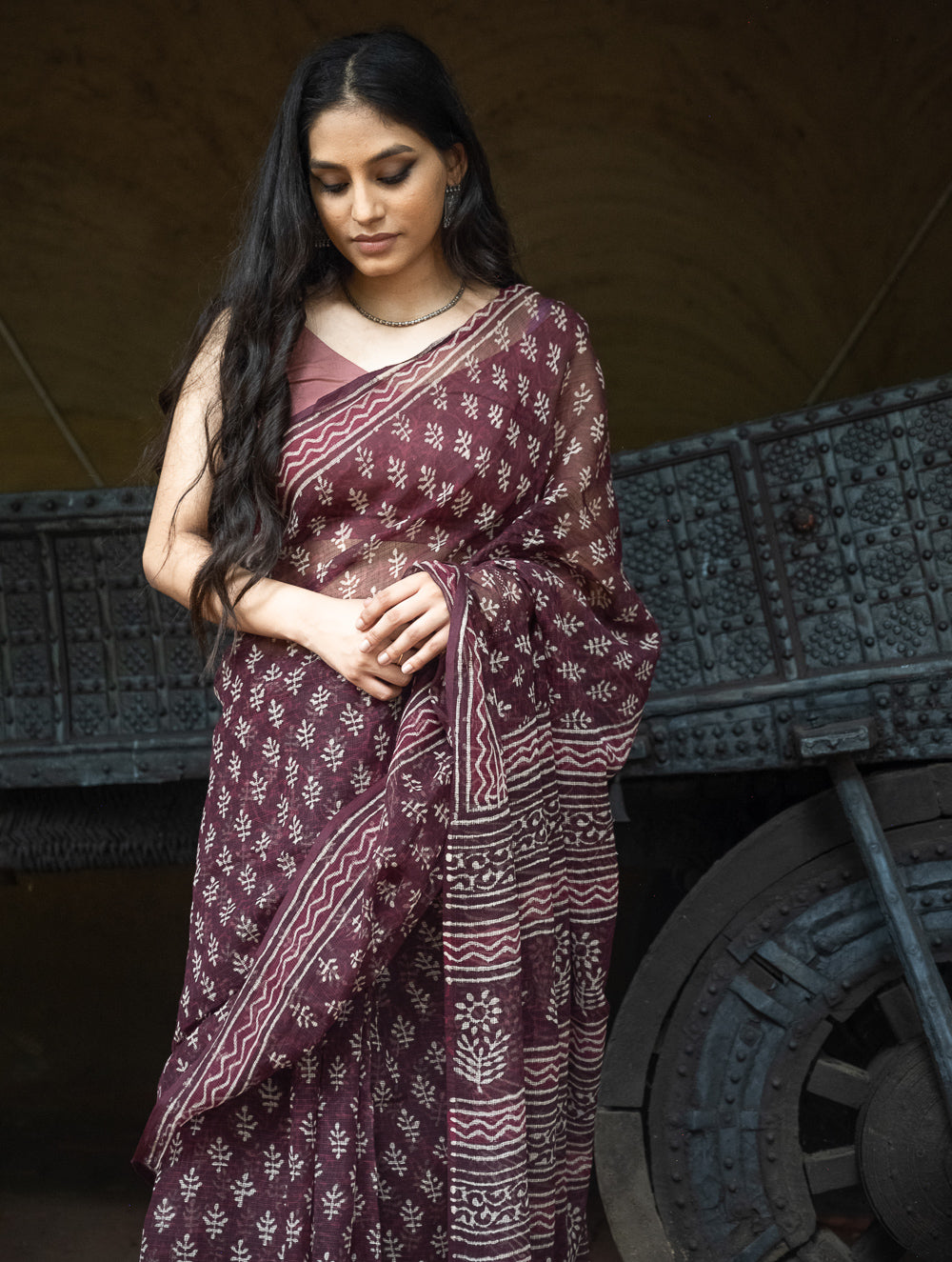 Dabu Hand Block Printed Kota Doria Saree - Maroon Ornate Flora