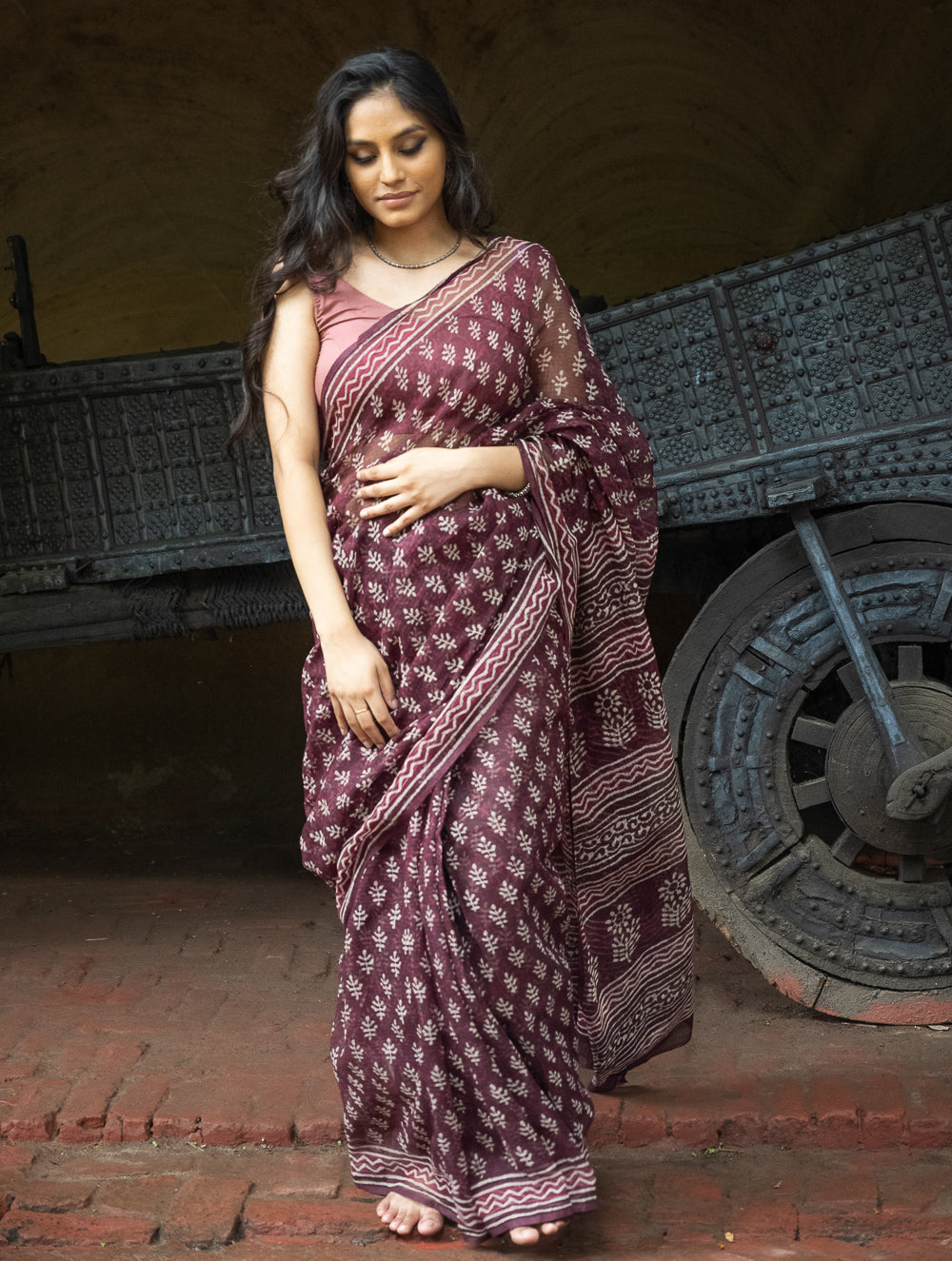 Dabu Hand Block Printed Kota Doria Saree - Maroon Ornate Flora
