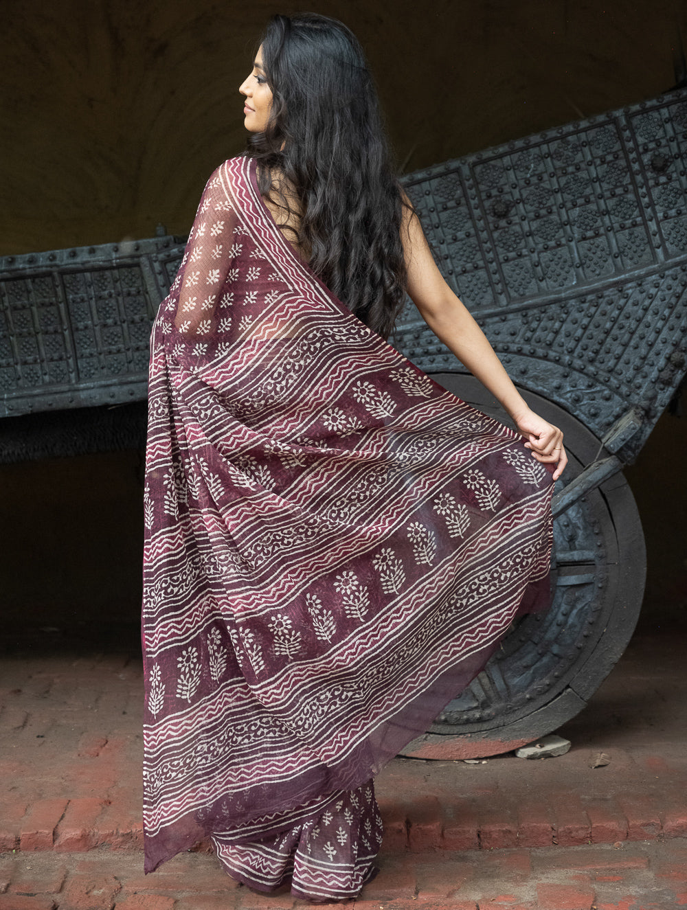 Dabu Hand Block Printed Kota Doria Saree - Maroon Ornate Flora