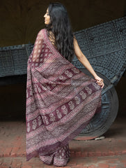 Dabu Hand Block Printed Kota Doria Saree - Maroon Ornate Flora