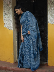 Dabu Hand Block Printed Mul Cotton Saree - Blue Flora