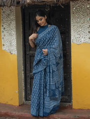 Dabu Hand Block Printed Mul Cotton Saree - Blue Flora