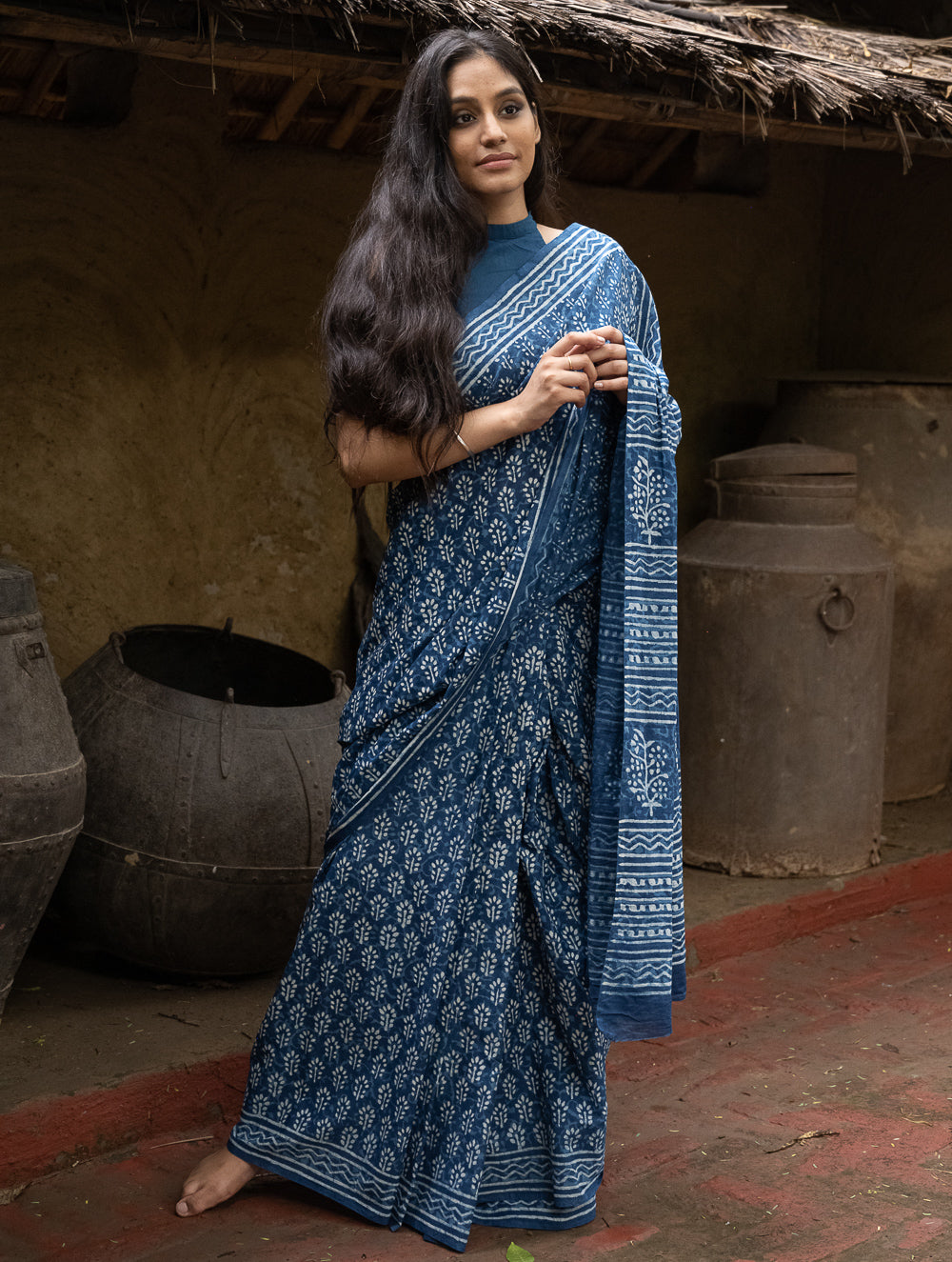 Dabu Hand Block Printed Mul Cotton Saree - Blue Flora