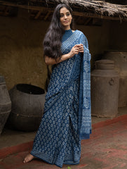 Dabu Hand Block Printed Mul Cotton Saree - Blue Flora