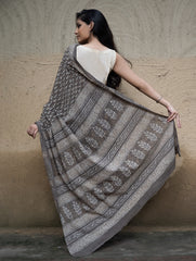 Dabu Hand Block Printed Mul Cotton Saree - Brown Florets