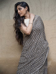 Dabu Hand Block Printed Mul Cotton Saree - Brown Florets