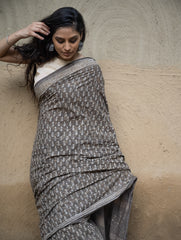Dabu Hand Block Printed Mul Cotton Saree - Brown Florets