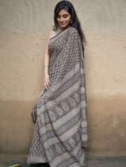 Dabu Hand Block Printed Mul Cotton Saree - Brown Florets