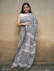 Dabu Hand Block Printed Mul Cotton Saree - Grey Flora