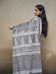 Dabu Hand Block Printed Mul Cotton Saree - Grey Flora