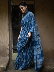 Dabu Hand Block Printed Mul Cotton Saree - Indigo Flora