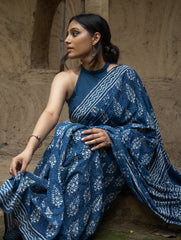 Dabu Hand Block Printed Mul Cotton Saree - Indigo Flora