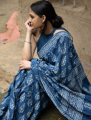 Dabu Hand Block Printed Mul Cotton Saree - Indigo Flora