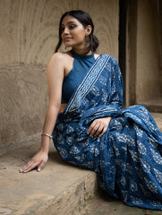 Dabu Hand Block Printed Mul Cotton Saree - Indigo Flora