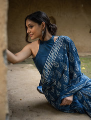 Dabu Hand Block Printed Mul Cotton Saree - Indigo Flora