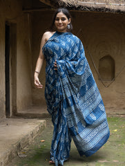 Dabu Hand Block Printed Mul Cotton Saree - Indigo Flora