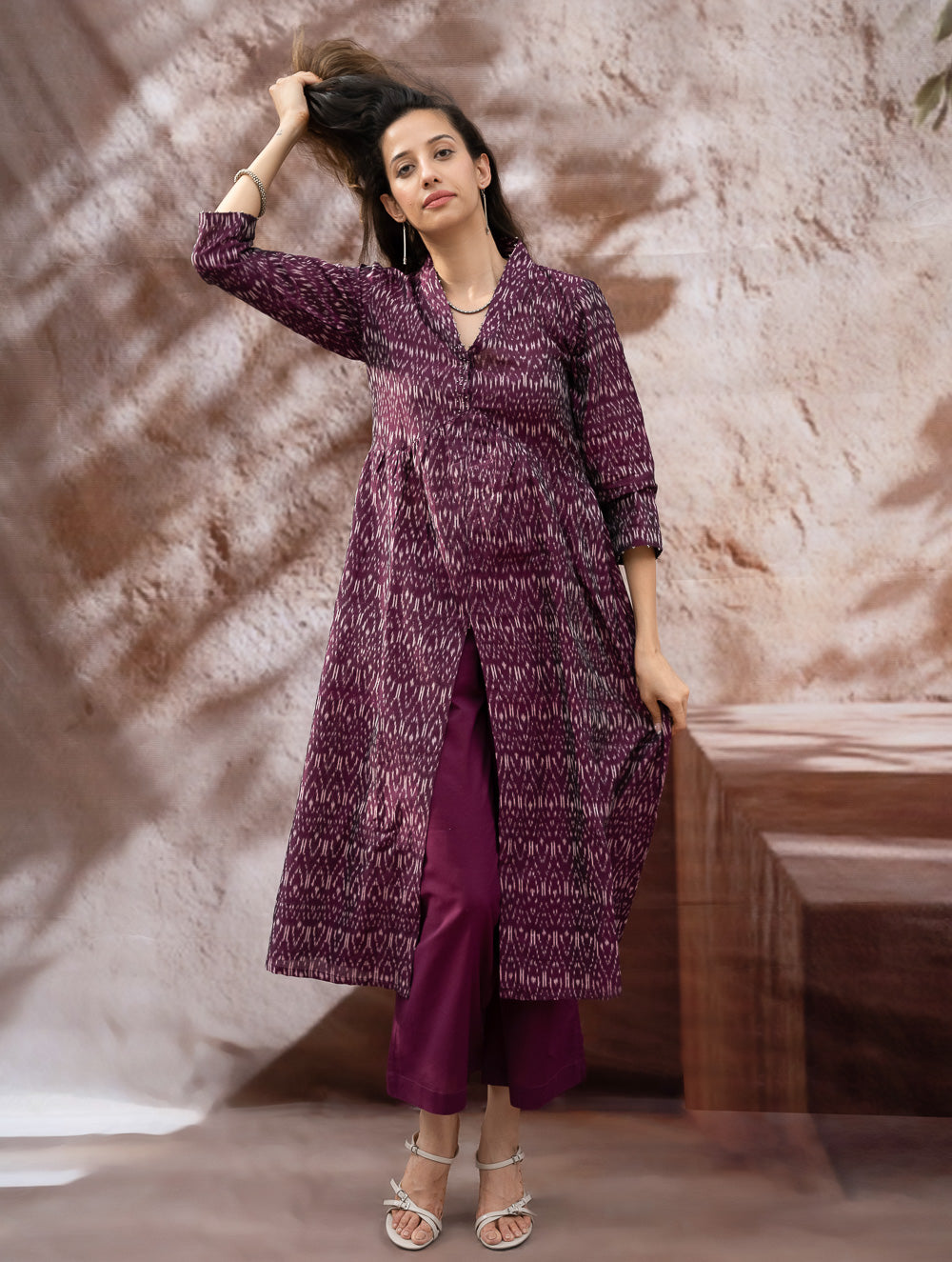 Elegant Classic. Light, Soft Ikat Handwoven Long Kurta Set - Purple Abstract (Set of Two)