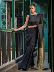Elegant Handwoven Bengal Linen Saree - Charcoal Dusk