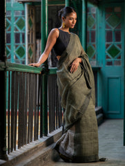 Elegant Handwoven Bengal Linen Saree - Mint Moods