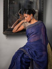 Elegant Kantha Embroidered Handwoven Bengal Linen Saree - Blue Elegance