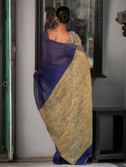 Elegant Kantha Embroidered Handwoven Bengal Linen Saree - Blue Elegance